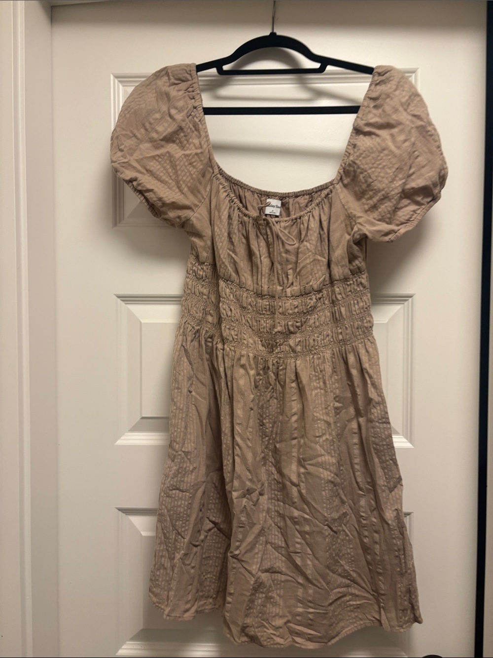 Sunday Best Beige Puff Sleeve Smocked Waist Dress
